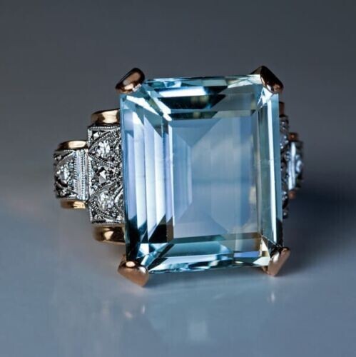 4Ct Simulated Aquamarine Authentic Vintage Style Proposal Ring 14K Gold Plated