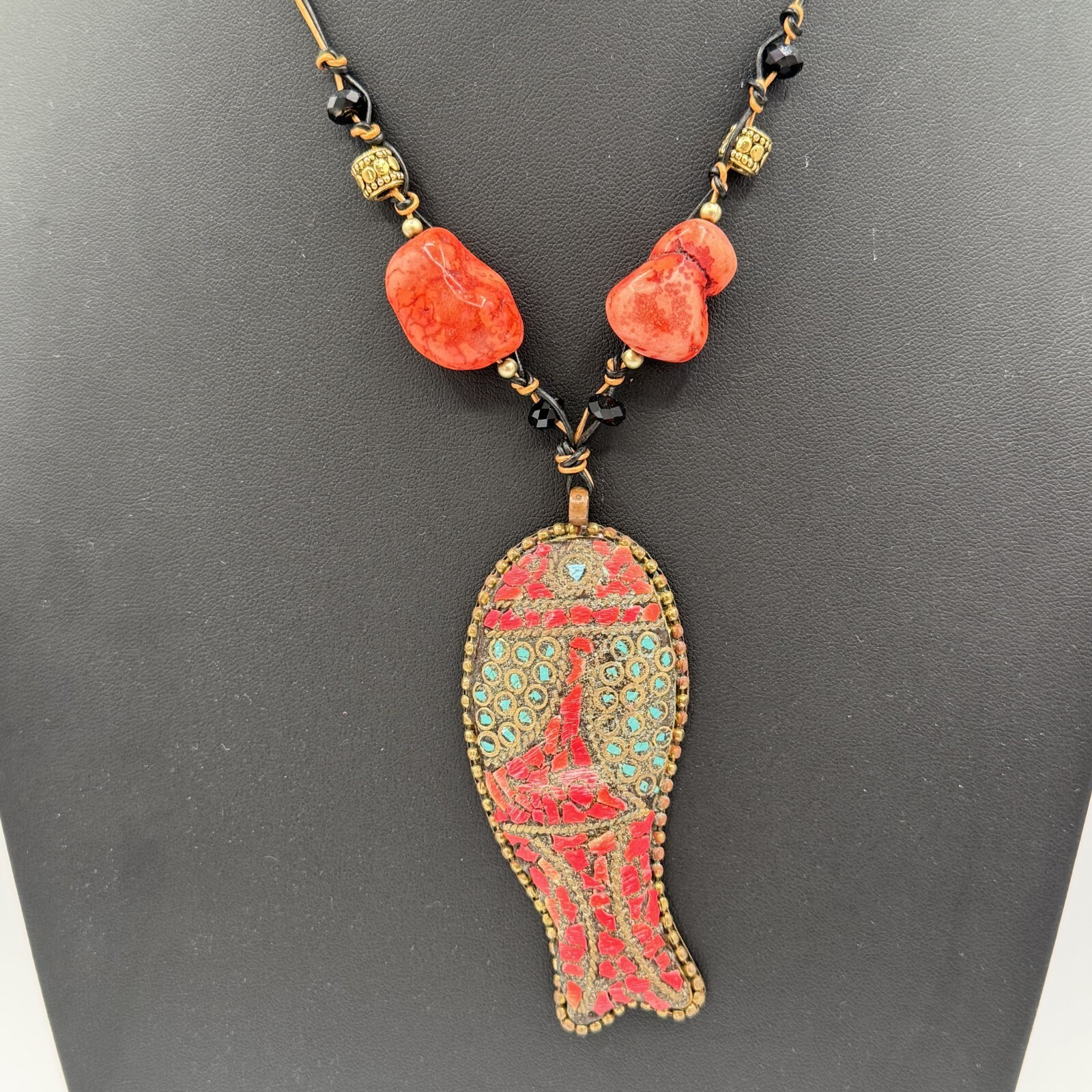 Tibetan Silver Fish Pendant Necklace Set Orange Blue Inlay 14″ READ CONDITION