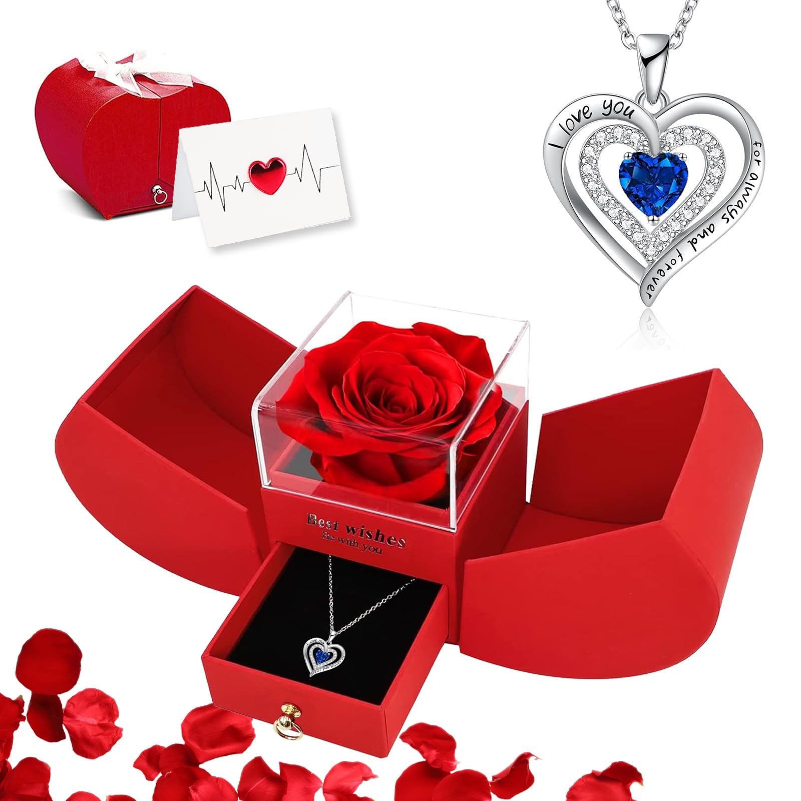 Women Gifts Ideas for Birthday, Preserved Forever Rose Gift with Necklace – Wife