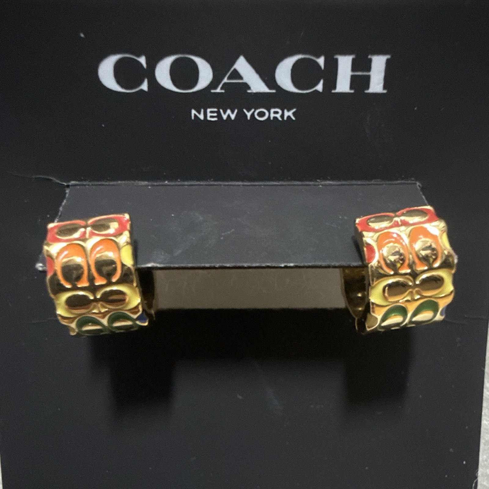 Coach Gold Tone Multicolor Enamel Hinged Huggie Hoop Earrings No Stone