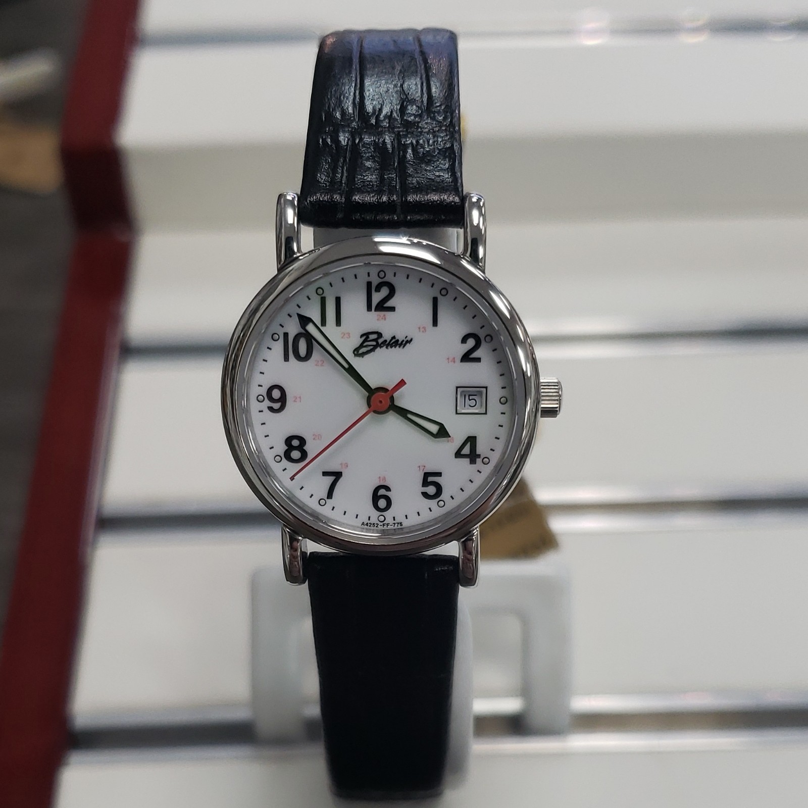 Belair Quartz Analog Wristwatch White Dial Date Black Leather Strap