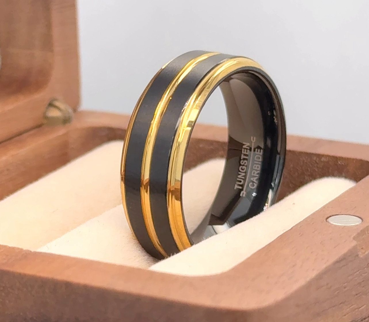 Black Ion Plated Gold Pinstripe Tungsten Ring Xmas Gift Ring Modern Design Band