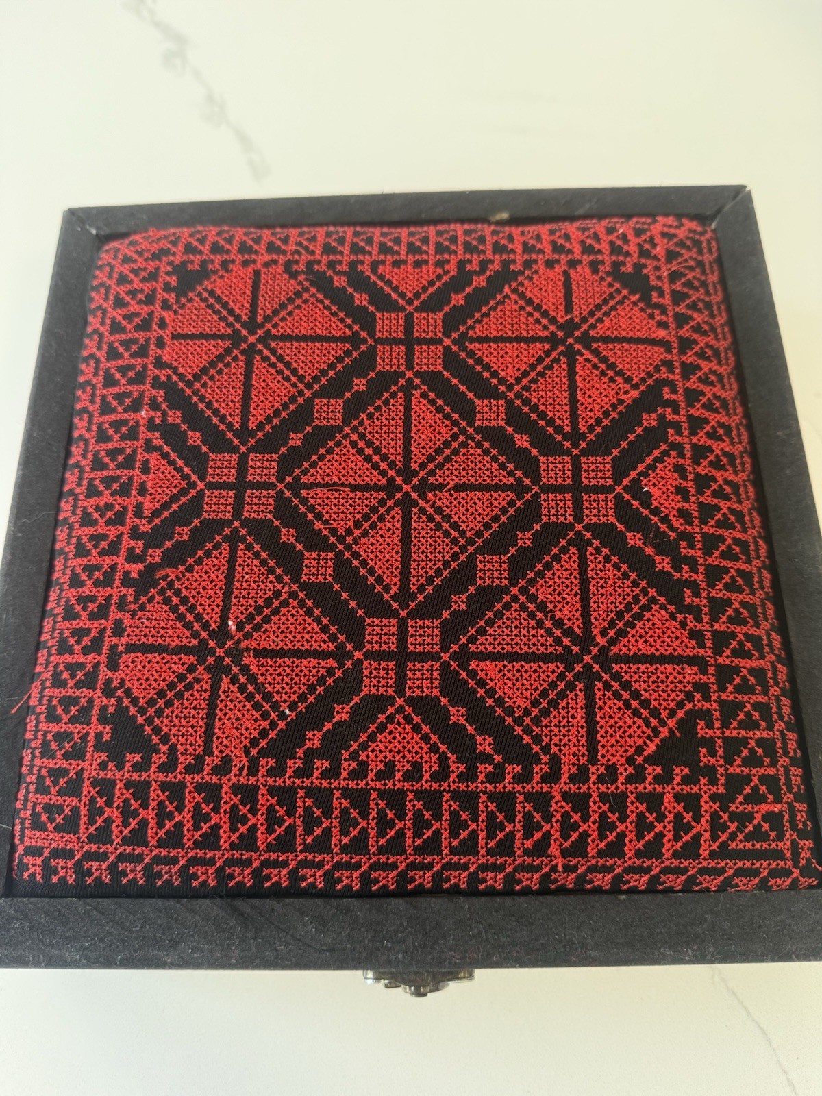 Black Wood Jewelry Box w/ Latch, Red Geometric Fabric Top, Fabric Lined