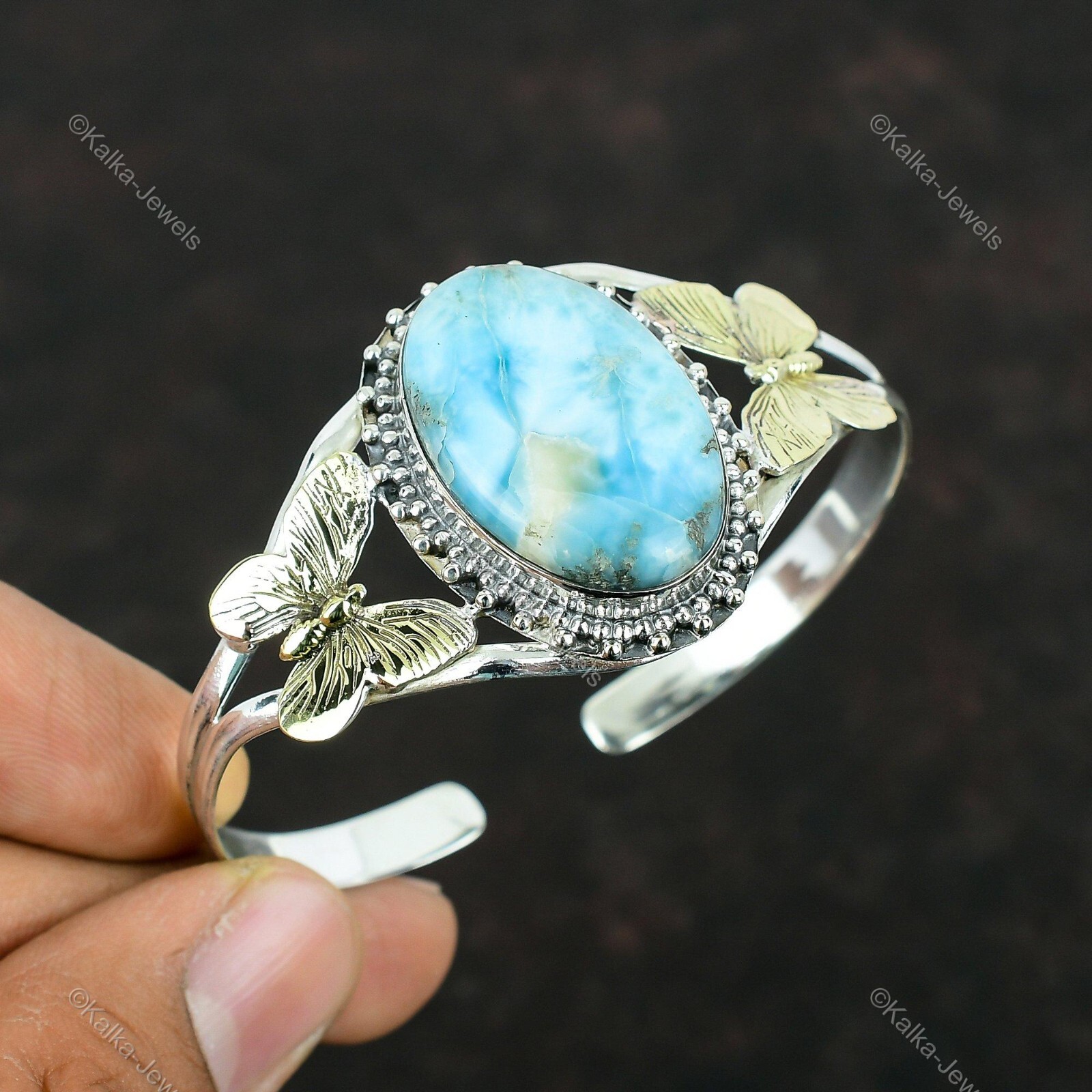 Natural Larimar Gemstone Bangle Butterfly Adjustable 925 Sterling Silver Jewelry