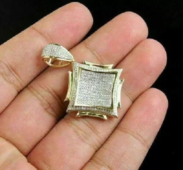 2.20Ct Round Lab Created Diamond Men Cluster Square Pendant 14K Yellow Gold Over