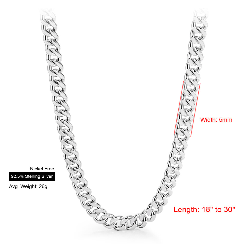 925 Sterling Silver Miami Cuban Link Chain Necklace Curb Chain 5mm Men’s Hip Hop