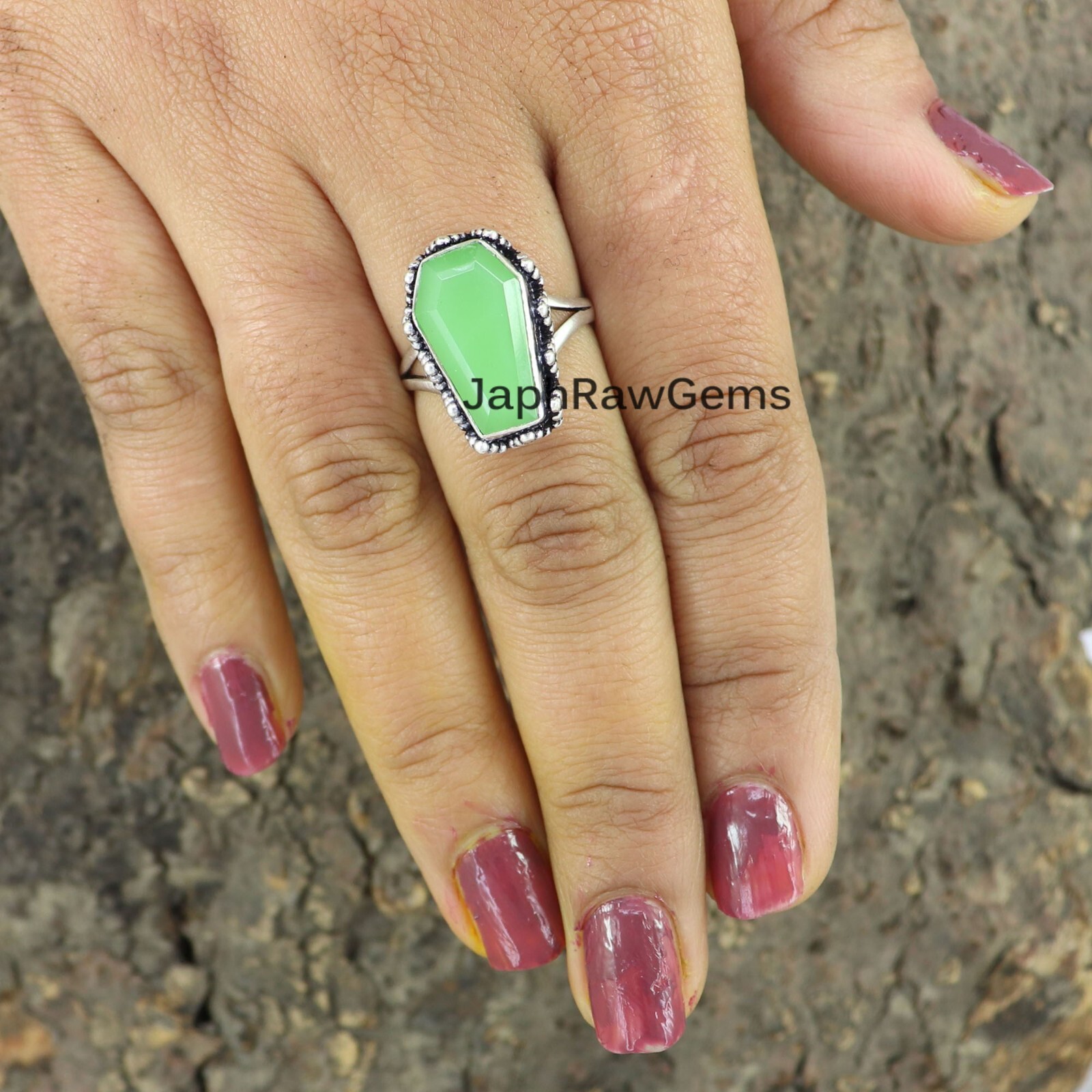 Chrysoprase 925 Sterling Silver Coffin Ring Handmade Gemstone Women Gift Ring