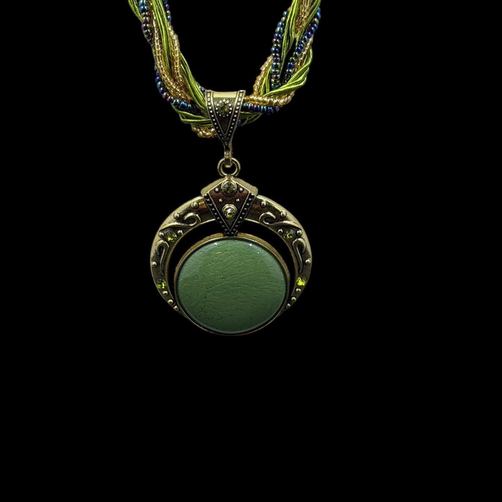 Boho Necklace Green Beaded Multi Strand Pendant Vintage Style Cottagecore 20″