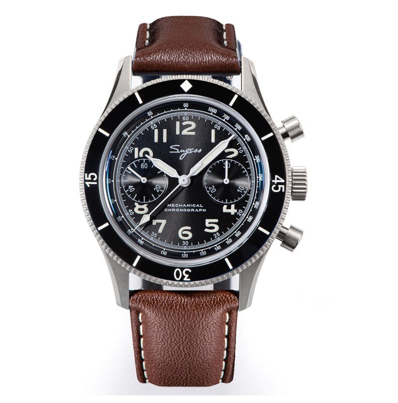 Sugess Mechanical Chronograph Steel Black Leather Brown Men’s Watch