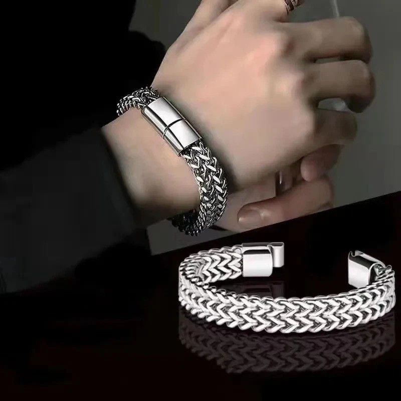 Stainless Steel Fish Scale Bracelet Double Row Braided Magnetic Clasp