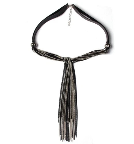 Black Haute Couture Silver Chain Long Lariat Tassel Necklace Fashion Jewelry