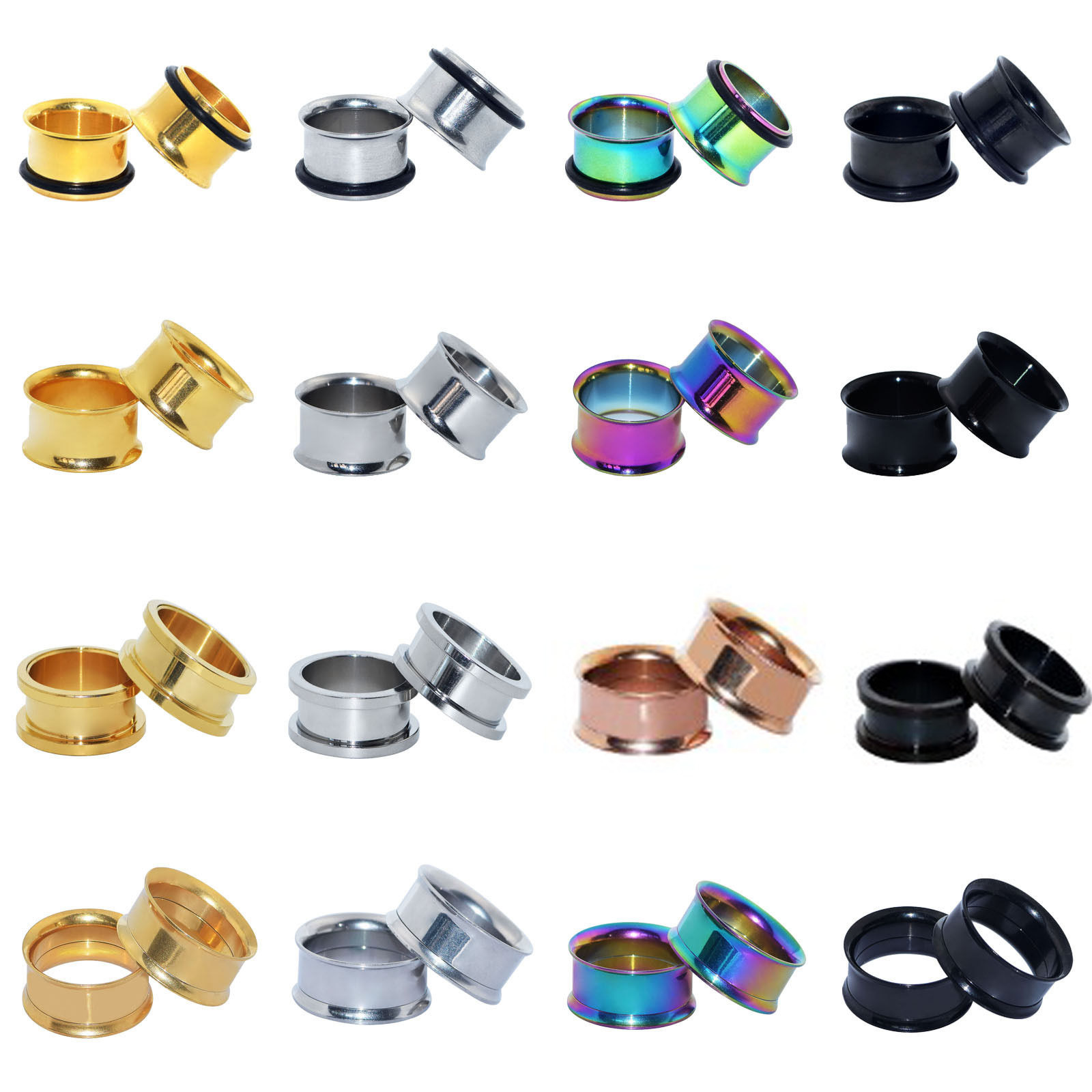 PAIR Mix Style Surgical Steel Screw & Flared Tunnels Ear Gauge Plugs Piercing