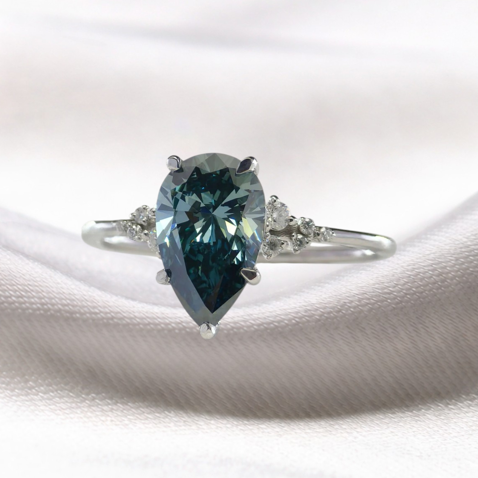 Fancy Intense Blue 2.15 CT Pear Cut Lab Grown Diamond Women Ring 14K White Gold
