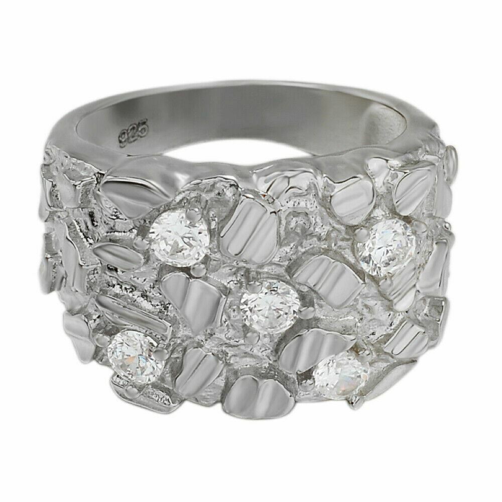 Mens REAL Solid 925 Sterling Silver Iced Nugget Ring Hip Hop CZ