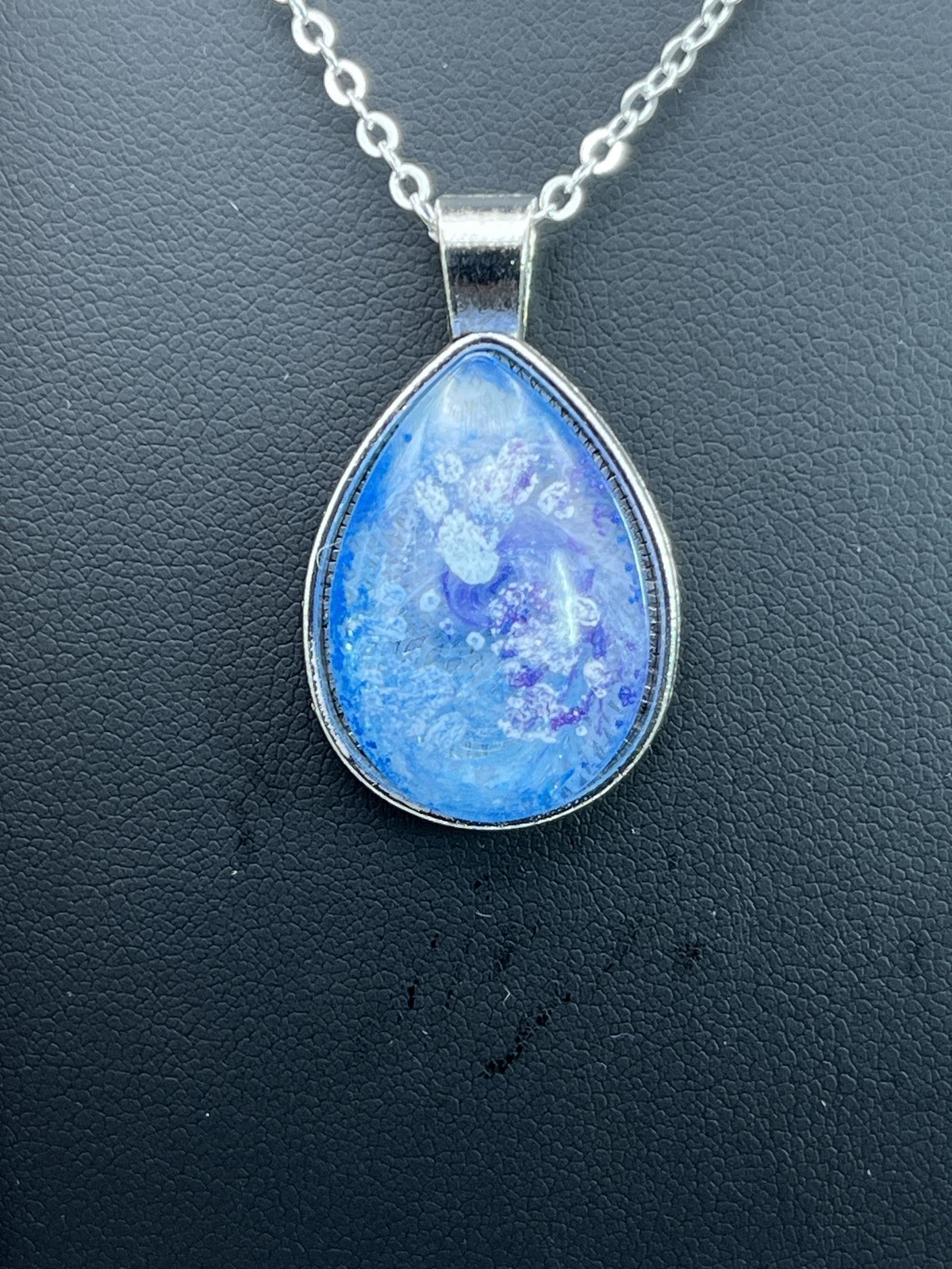Custom sparkle, teal teardrop jewel pendant w/ silver plated chain costume