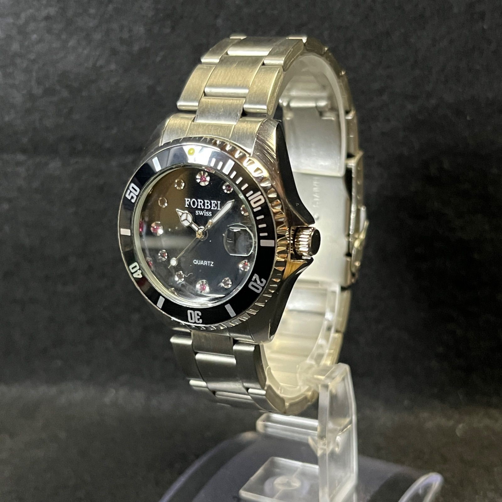 Working FORBEL SWISS Diver FB 1088 RL Quartz Silver Pink Stone Confirmed working