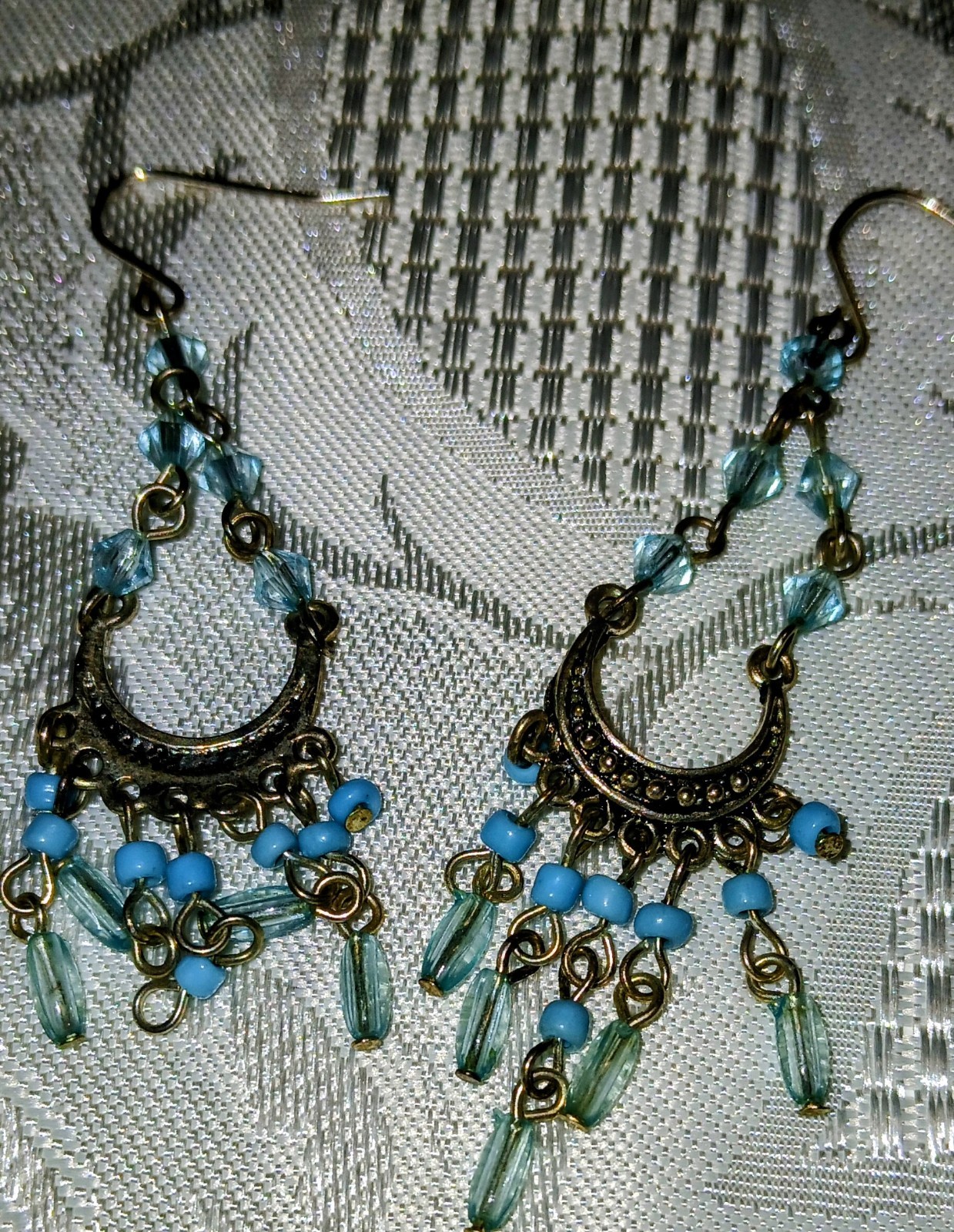 Blue Glass Beaded Filigree Chandelier Dangle Hook Earrings for Lobe