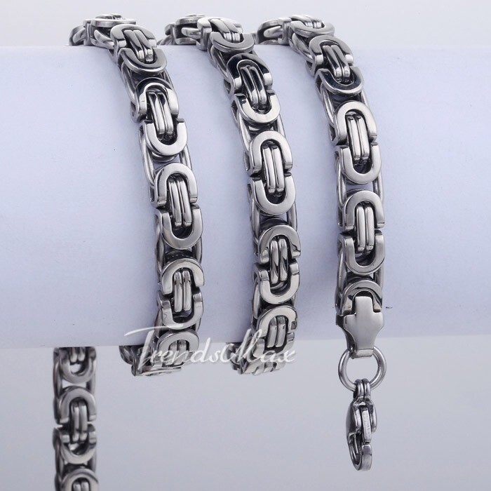 7mm Mens Chain Flat Byzantine Silver Tone Stainless Steel Necklace 18/20/22/24in