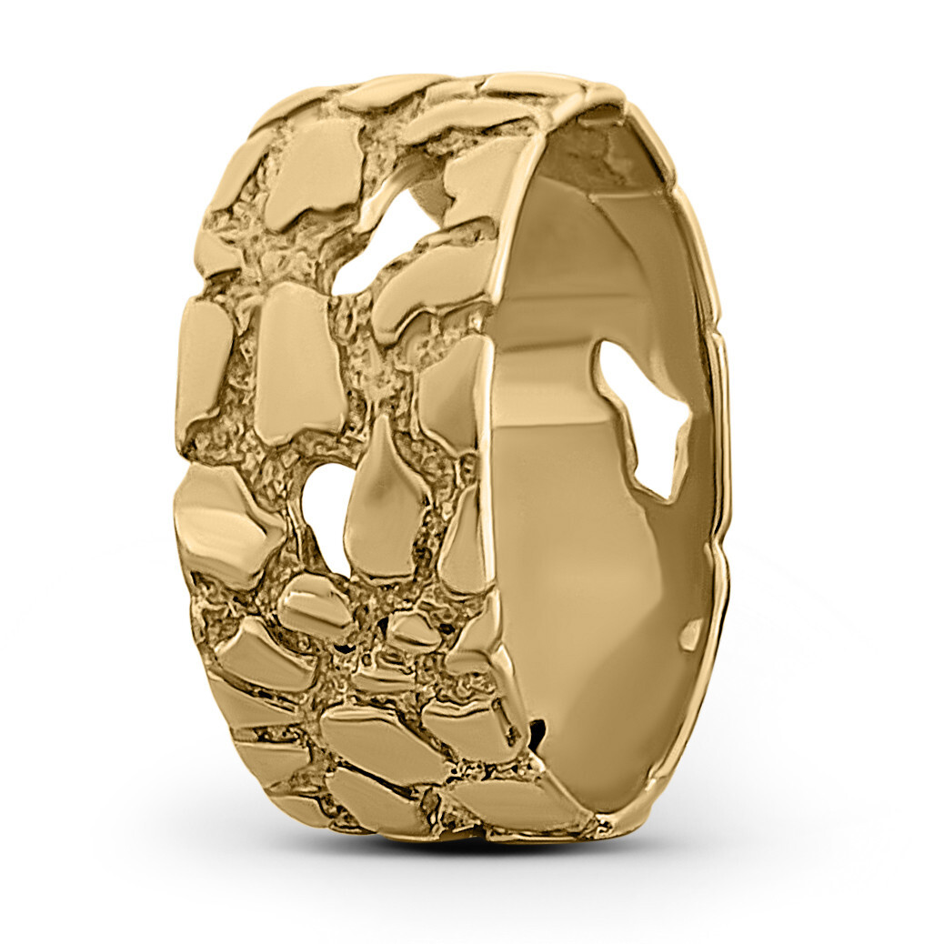 Solid 10K Yellow Gold Mens Nugget Band, 9mm Gold Nugget Ring, Size 5 – 15