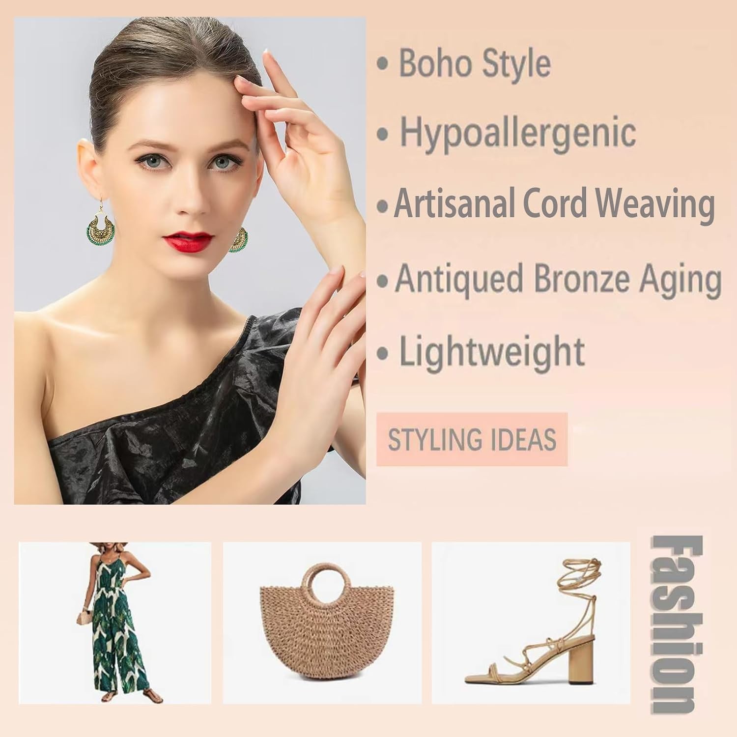 Boho Vintage Dangle Earrings: Handwoven Green Bronze for Everyday Elegance