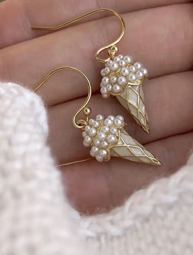 14k Gold Plated Pearl Cone Ice Cream Dangle Earrings NWOT