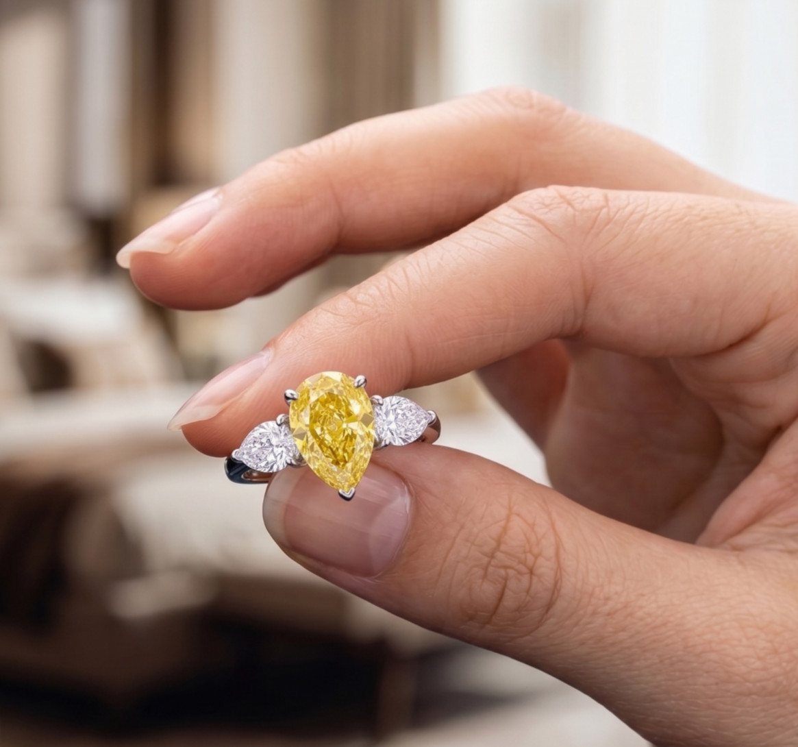 8.00 Ct Certified Pear Cut Natural Yellow Diamond Ring VVS1 White Gold Finish