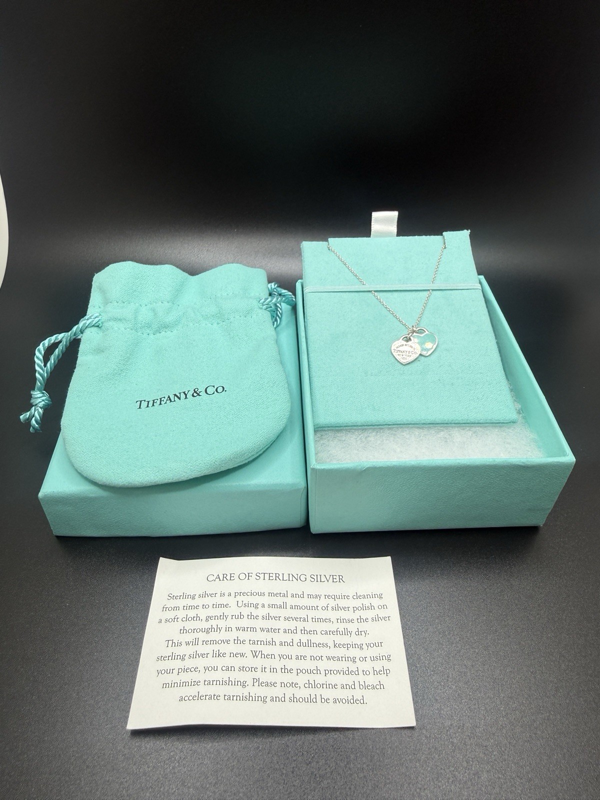 Tiffany & Co Sterling 925 Return To Tiffany Blue Double Heart Necklace Box Pouch