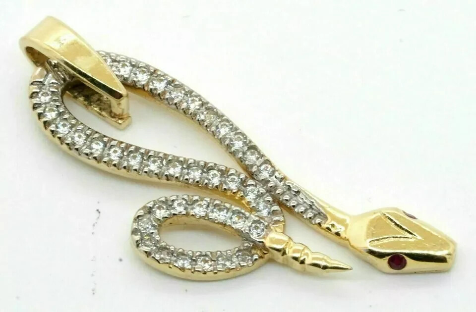 14K Yellow Gold Over Elegant 1.10Ct Diamond & Ruby Snake Pendant With Free Chain
