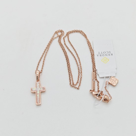 New Kendra Scott Cross Rose Gold Pendant Necklace in White Opal
