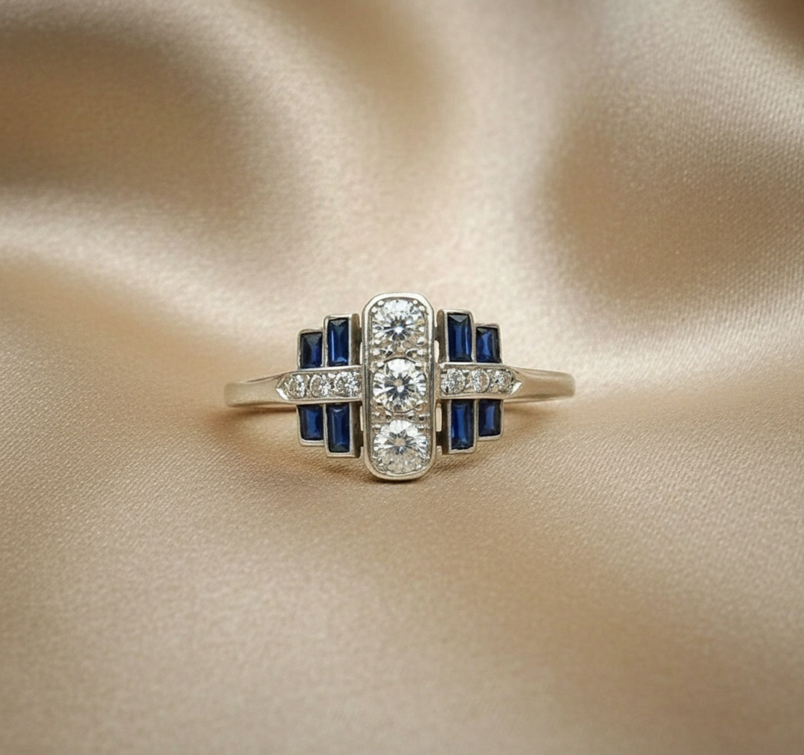 Blue Baguette & Round Simulated Diamond 14K Gold Art Deco Trilogy Wedding Ring
