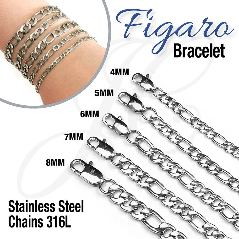 Stainless Steel 316L Figaro Chain Link Bracelet Men Women Glossy Silver Color