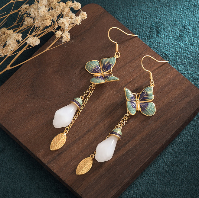 Jade Bohemian Drop Dangle Earrings Flower Butterfly Gemstone 18K Gold Plated