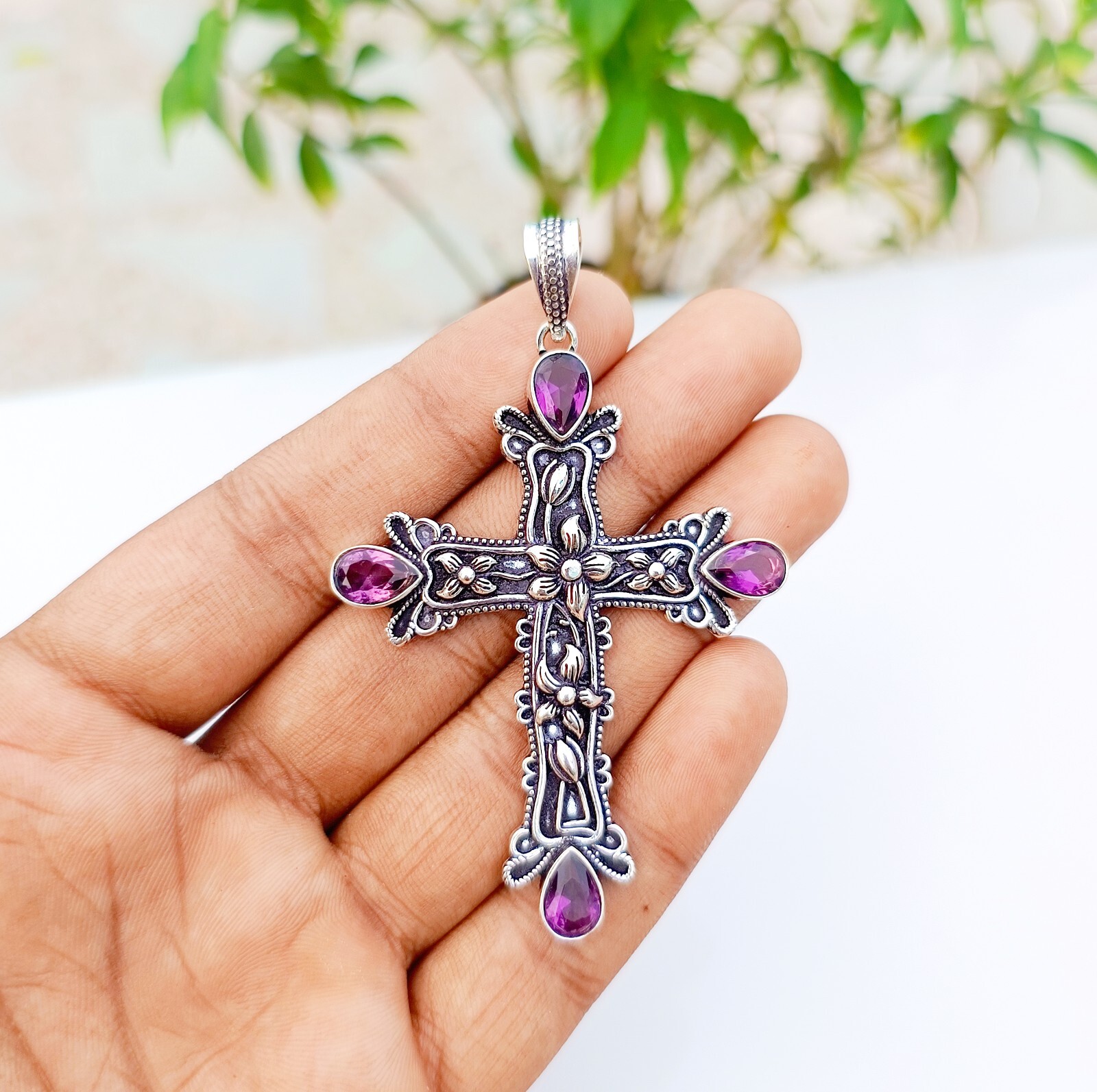 Amethyst Cross Pendant 925 Sterling Silver Handmade Gemstone Jewelry 2.83″