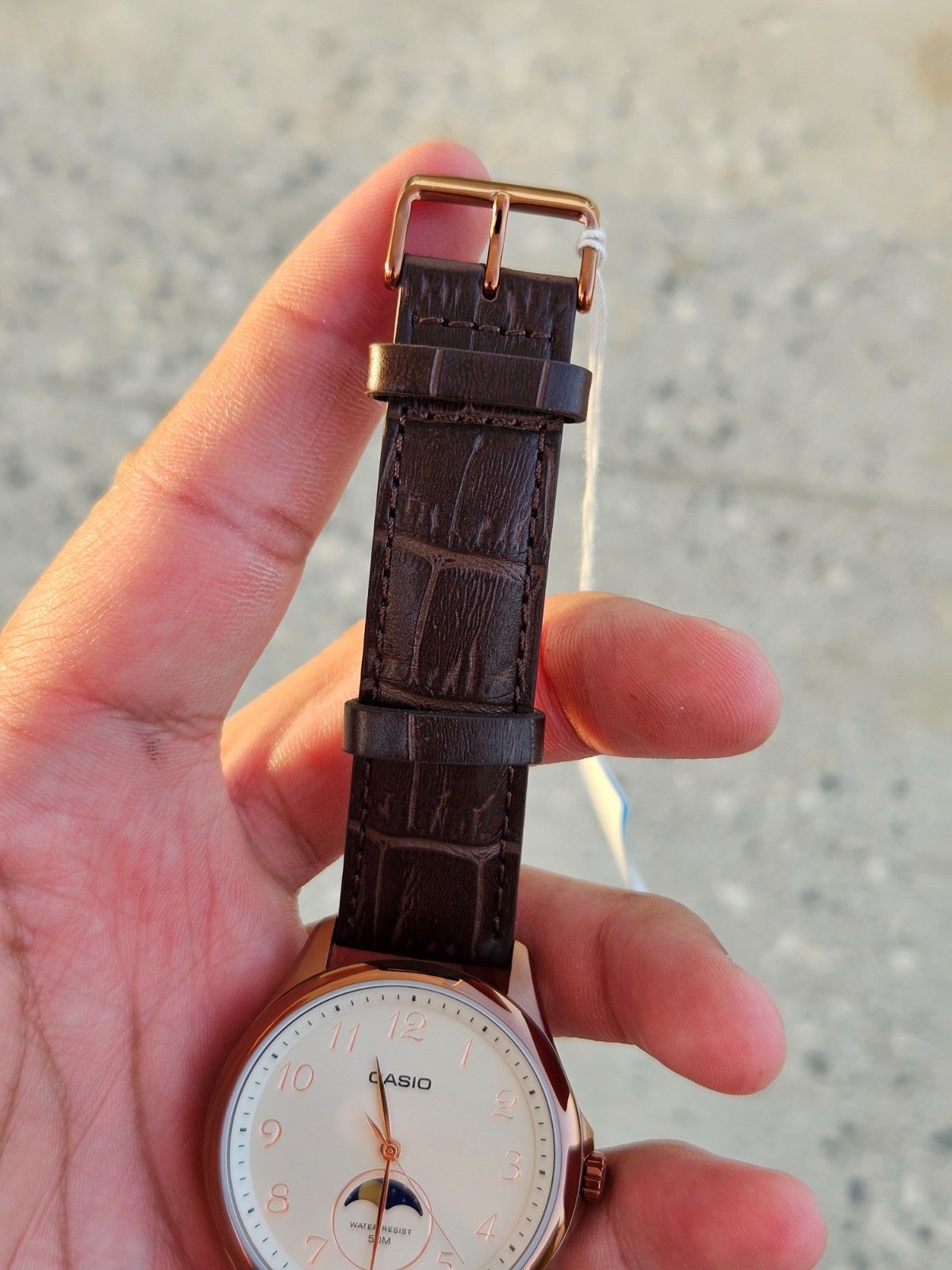 Casio MTP-M110RL-5AVDF Men’s Moon Phase Watch Rose Gold Brown Leather Strap New