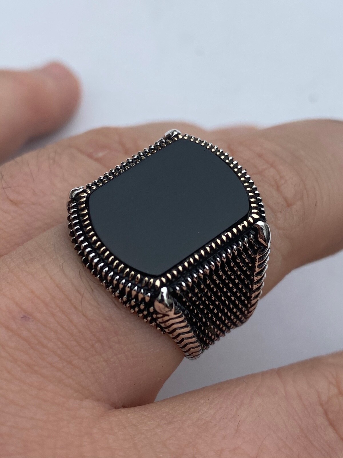 Mens Real 10k Gold & 925 Silver Real Black Onyx LARGE Ring Sz 7-13 ~16 g