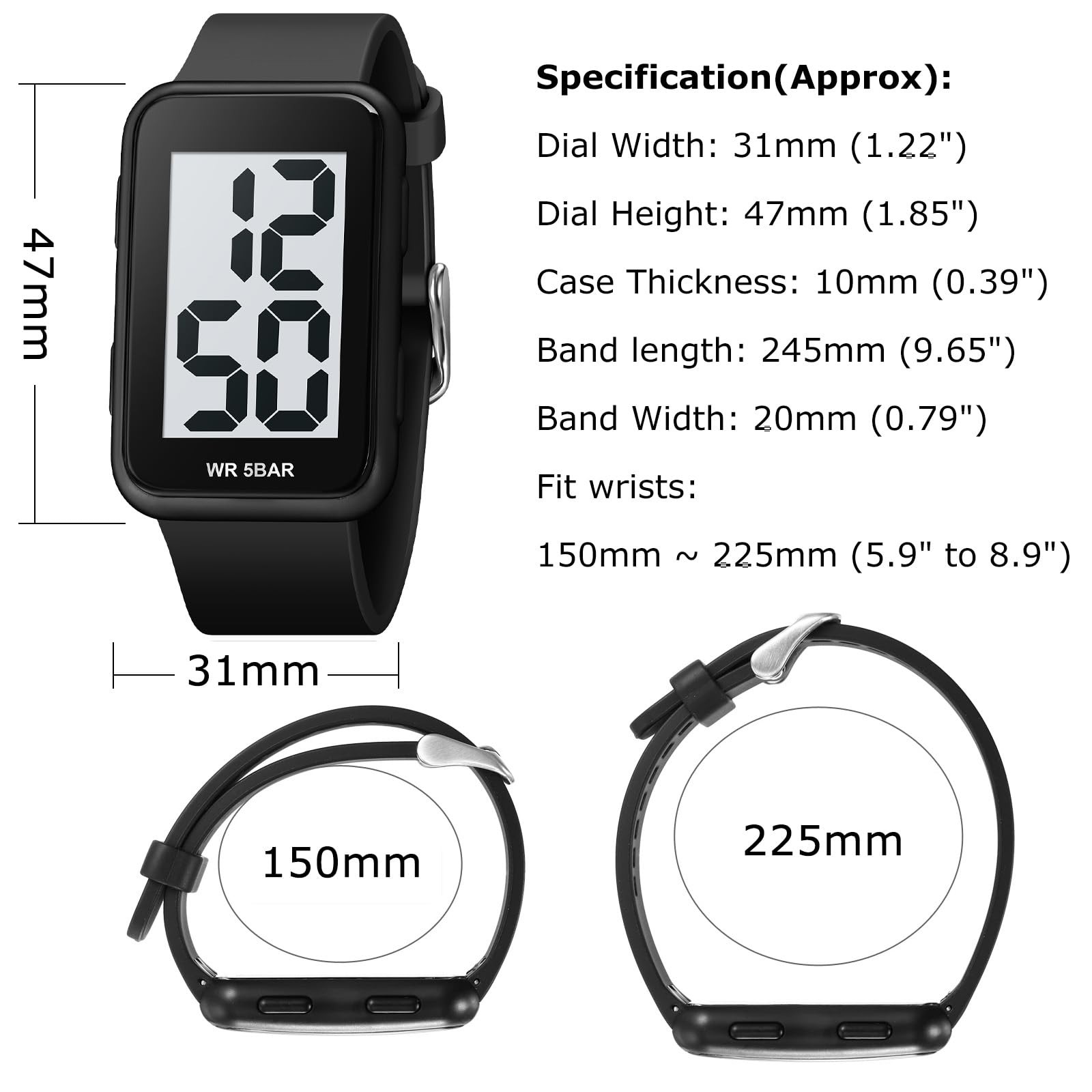Fogitbok Extra Large Numbers Black Watch for Men, Waterproof Mens Digital Wat…