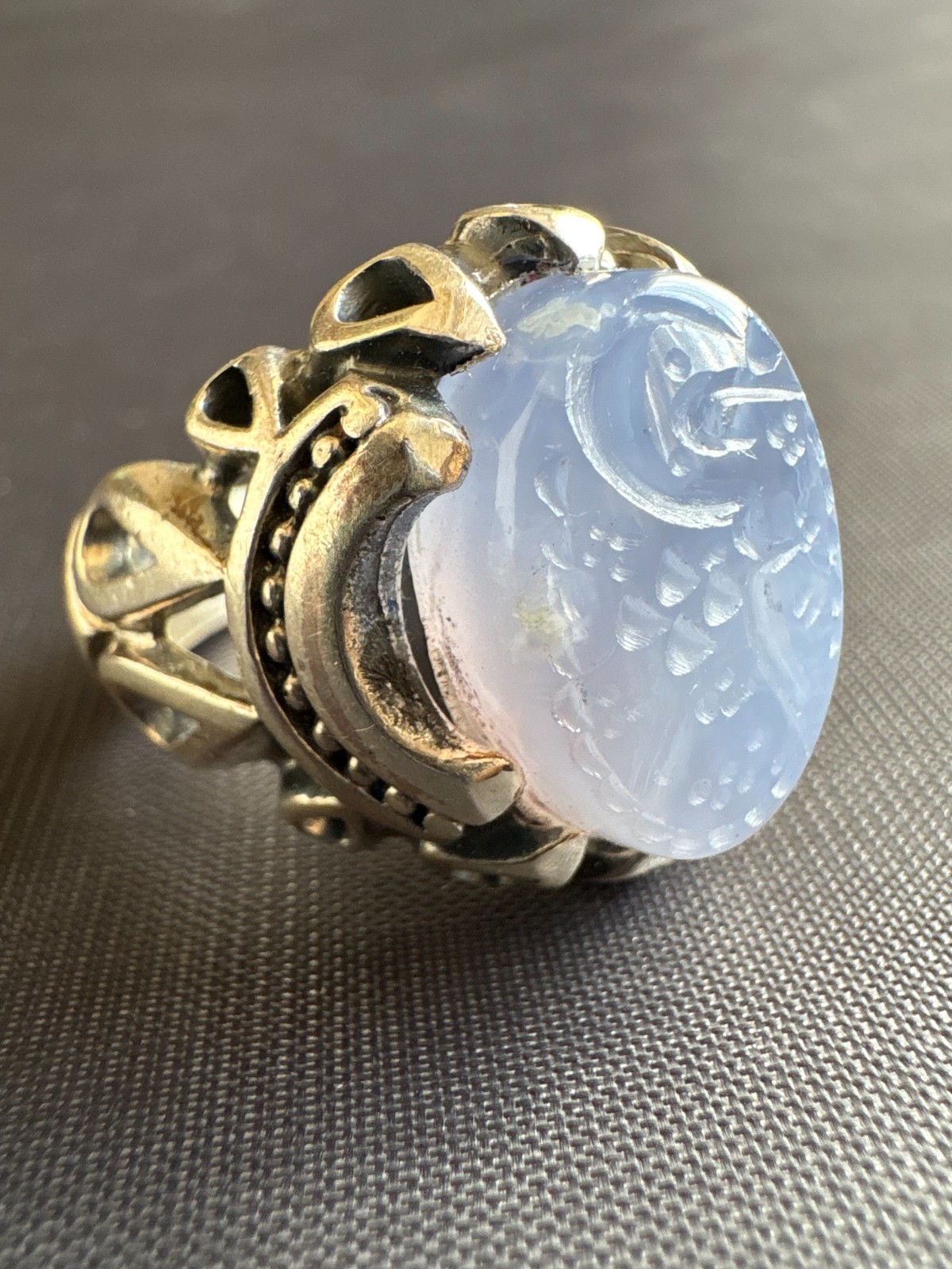 925 Sterling Hand Engraved Light Blue Yemeni Agate Ring Arabic Calligraphy 10 US