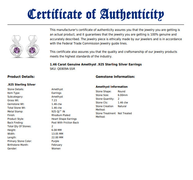 Amethyst Sterling Silver 1.46 Carat Heart Earrings