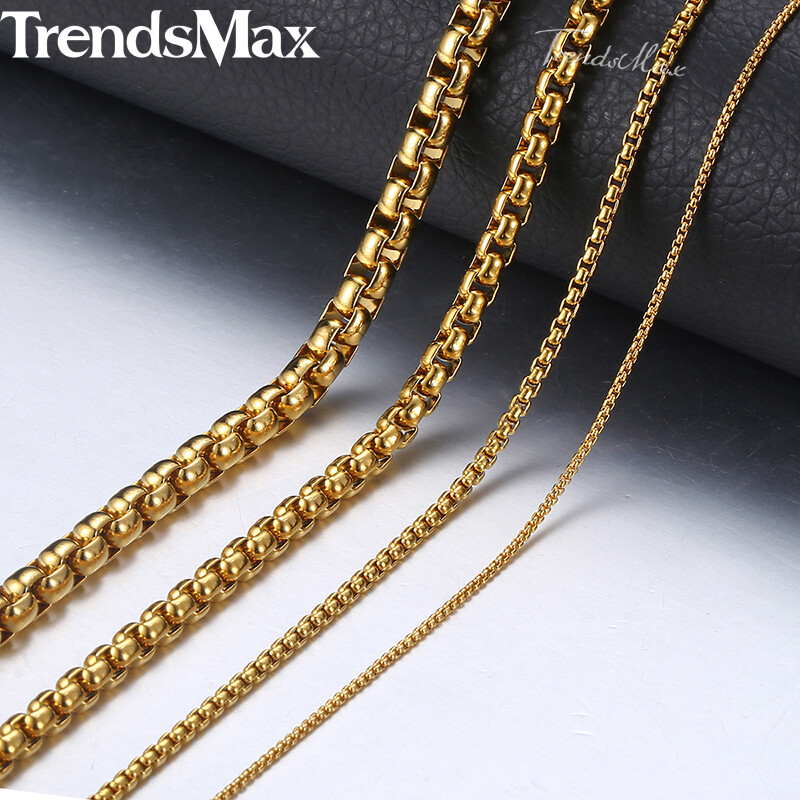 2/3/4/5MM Round Box Link Chain Necklace Gold Plated Choker 16-36″ For Men Women