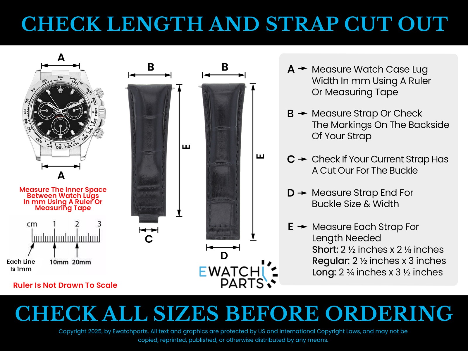 20MM LEATHER WATCH STRAP FOR ROLEX DAYTONA 16518 116520 116523 SHORT MEDIUM LONG