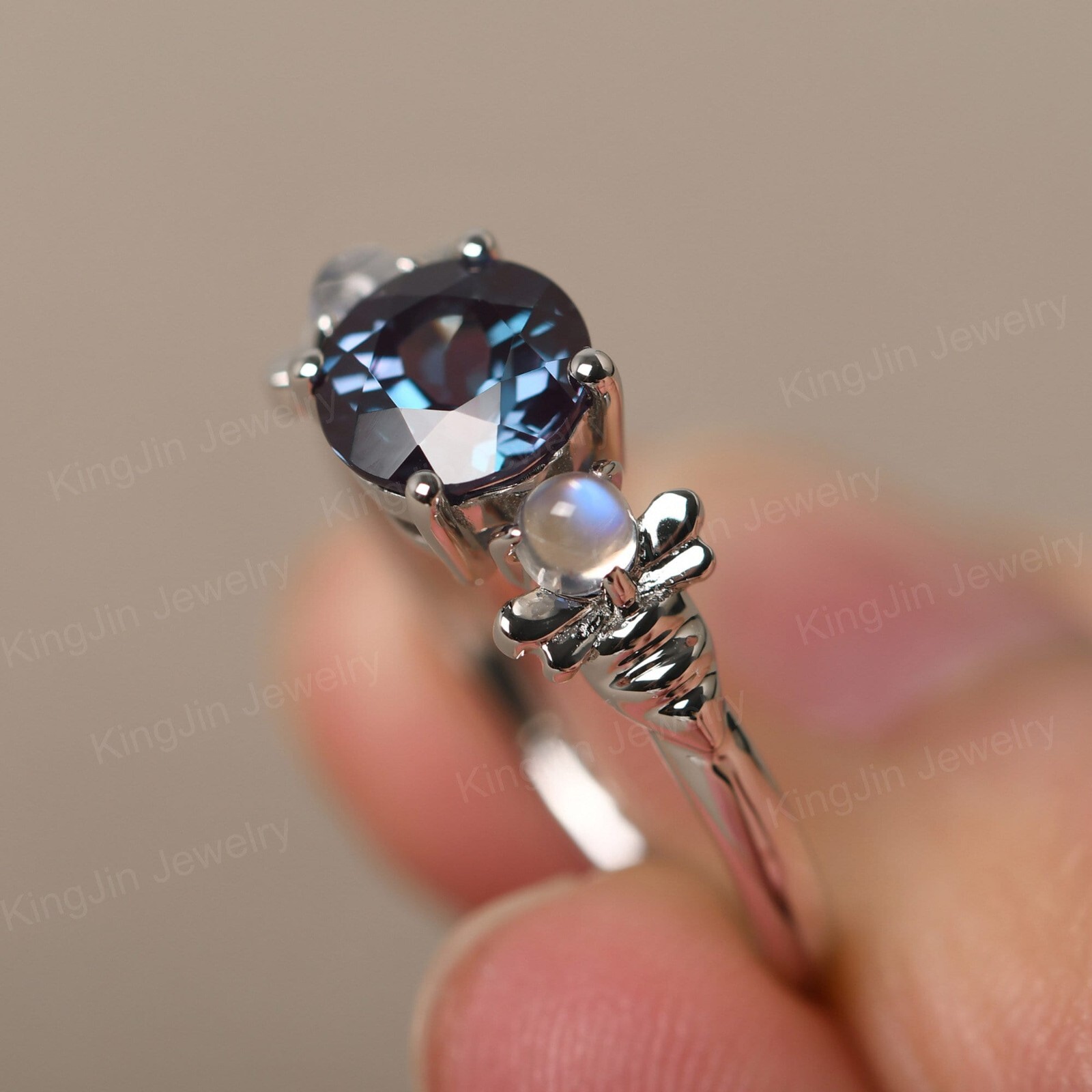 Custom 3 Stones Silver lab created Alexandrite color change and Moonstone Ring