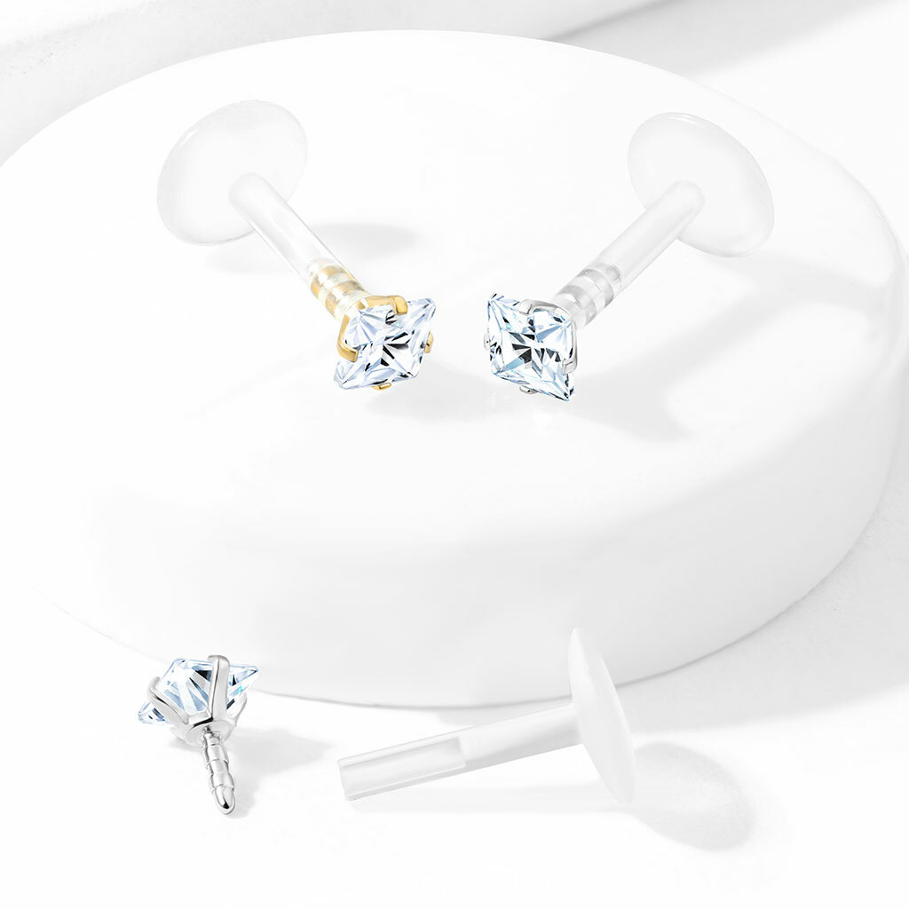 Pair Prong Set Square CZ Bio Flex Push In Ear Cartilage Helix Labret Tragus 16G