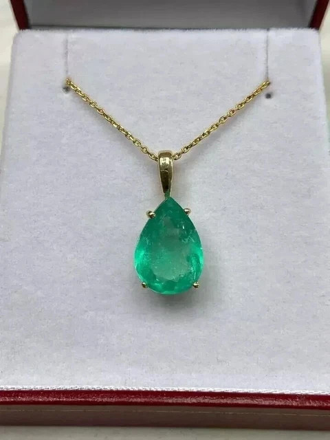 Natural Green Emerald 3.00Ct Pear Cut Teardrop Pendant 14k Yellow Gold Plated