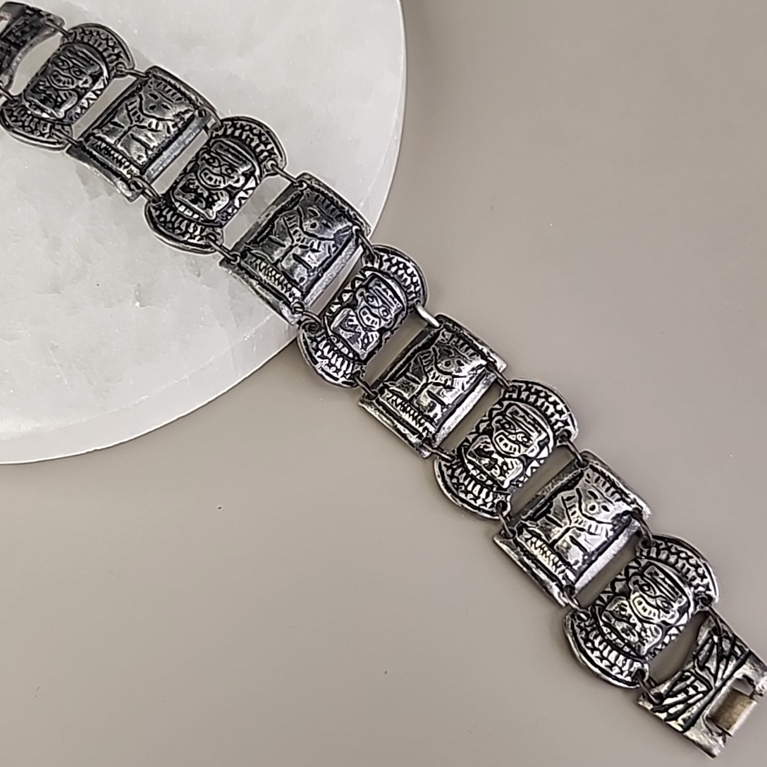Vintage Columbian Panel Bracelet 800 Silver Tiki Peru 6.75″