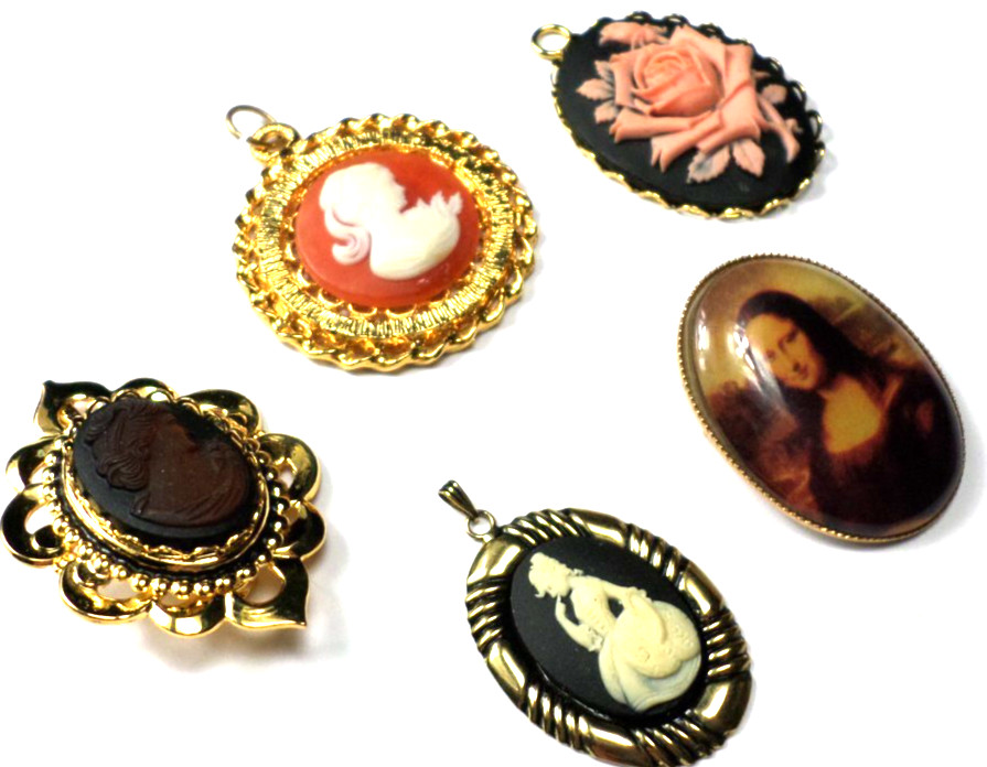 5 Different Colorful Glass, Acrylic &Resin Women Roses Cameos Large Pendants