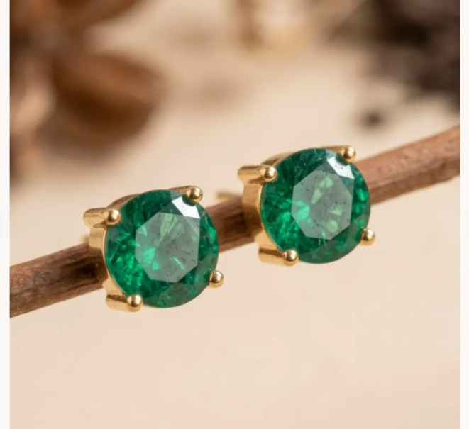 Natural Emerald 4Ct Round Cut Solitaire Stud Earring 14k White Gold Plated