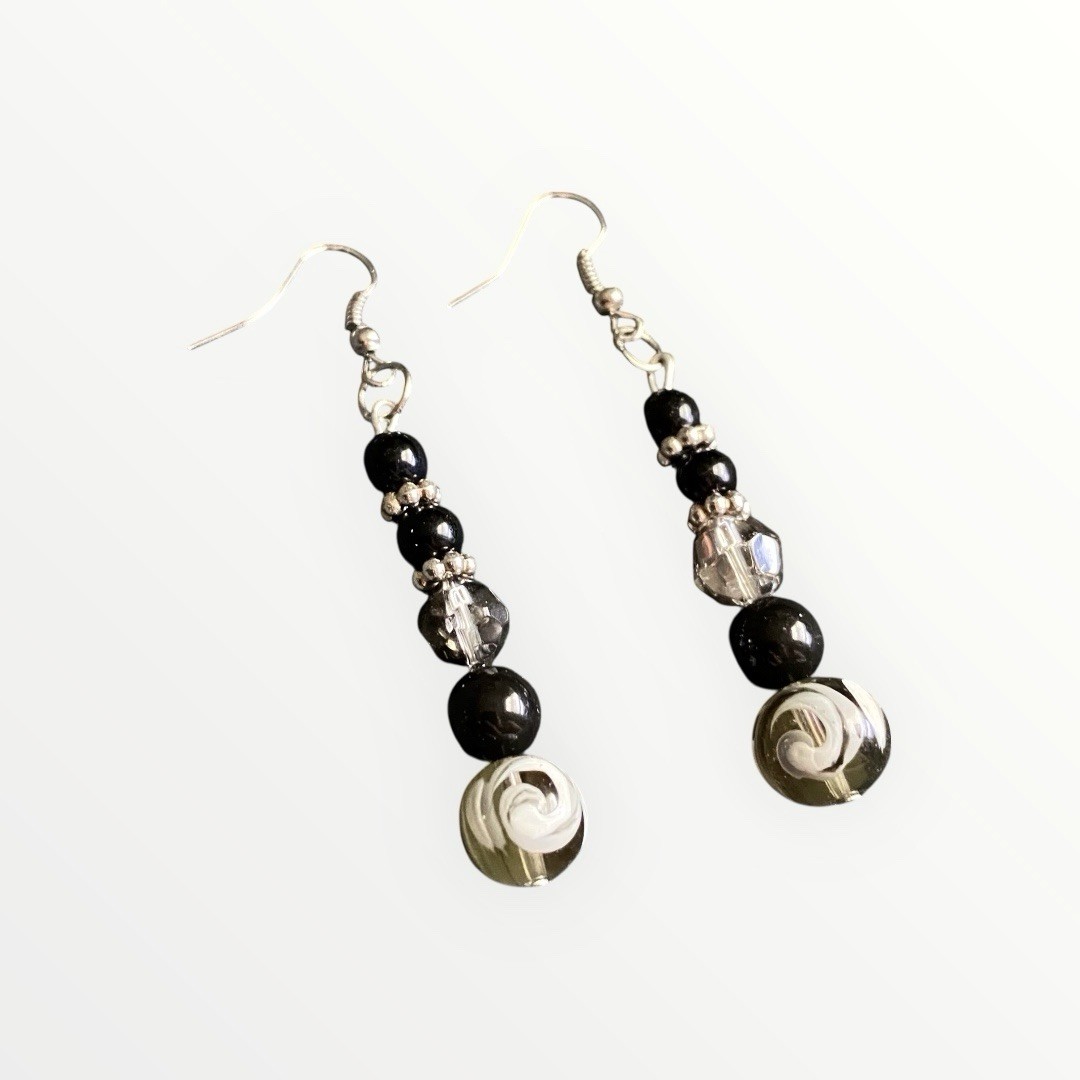 Handmade Black & Grey Patterned Beaded Dangle Drop Earrings