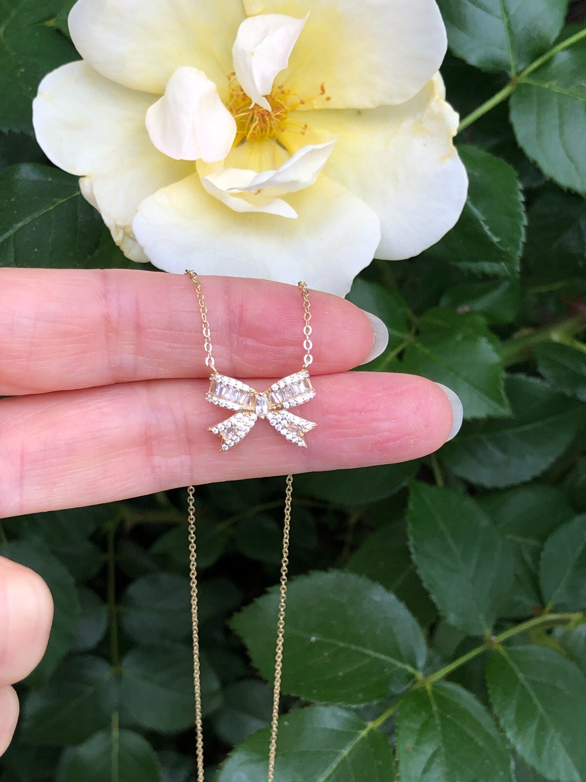 925 Sterling Silver Cz Gold Bow Pendant Necklace 15.5mm(0.61″) 15.75-17.75″