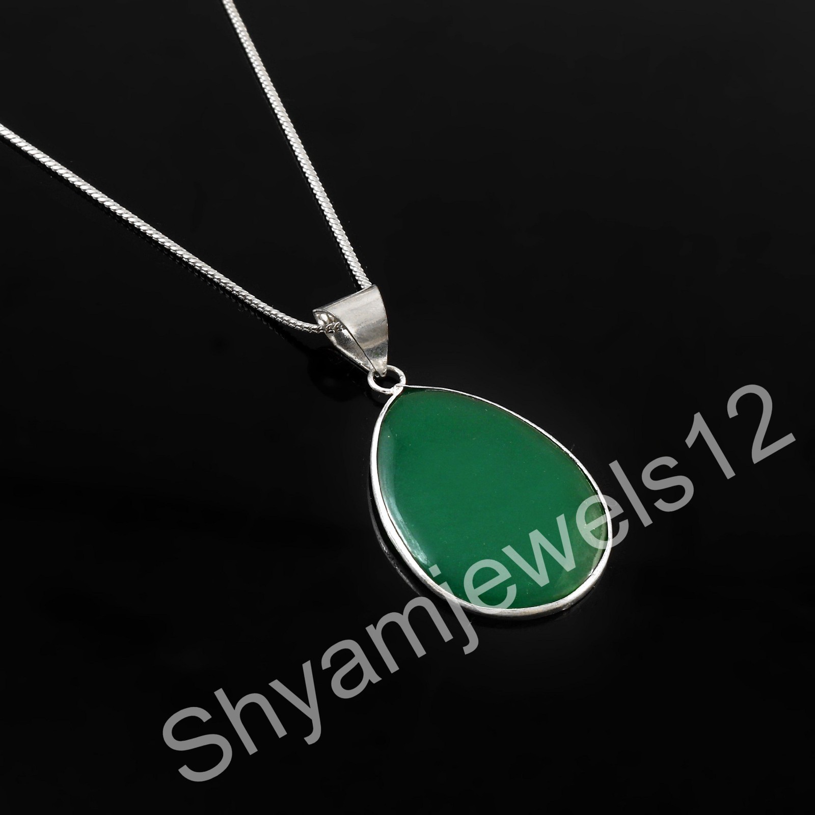 Sterling Silver Genuine Green Onyx Gemstone Bezel Pendant With Chain Jewelry