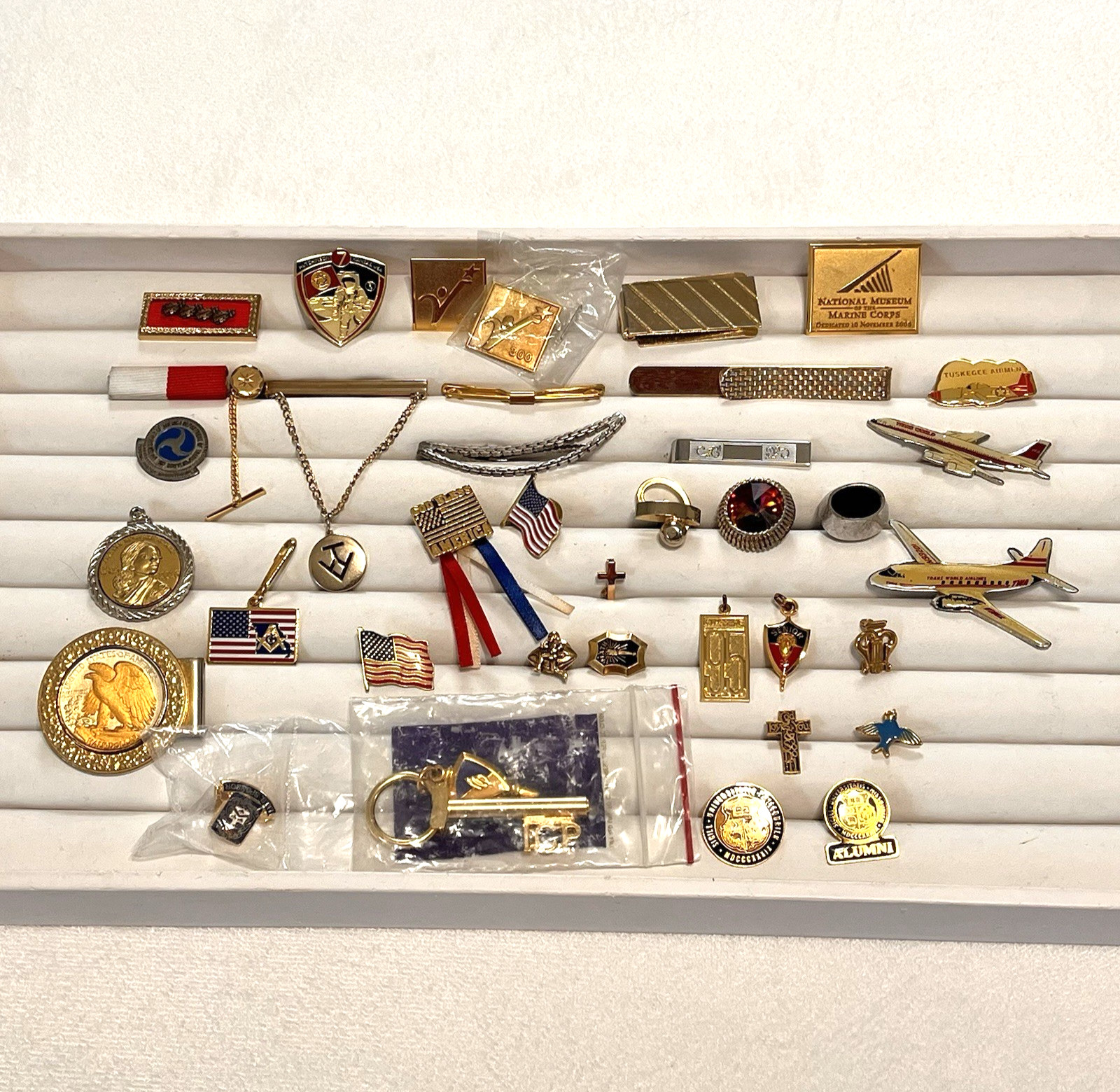 Collection Vintage Junk Drawer Lot Tie Bars Lapel Pins Single Cufflinks 38 Items